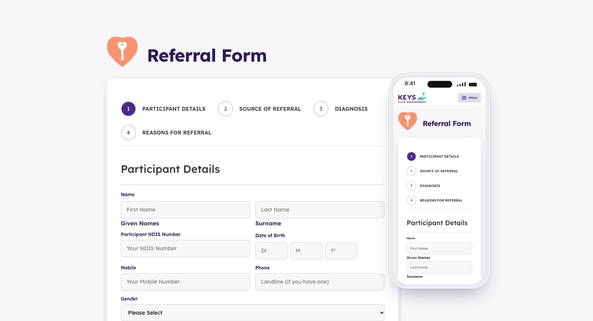 The Keys online referral form on desktop and phone, split into four steps: participant details, source of referral, diagnosis and reasons for referral.