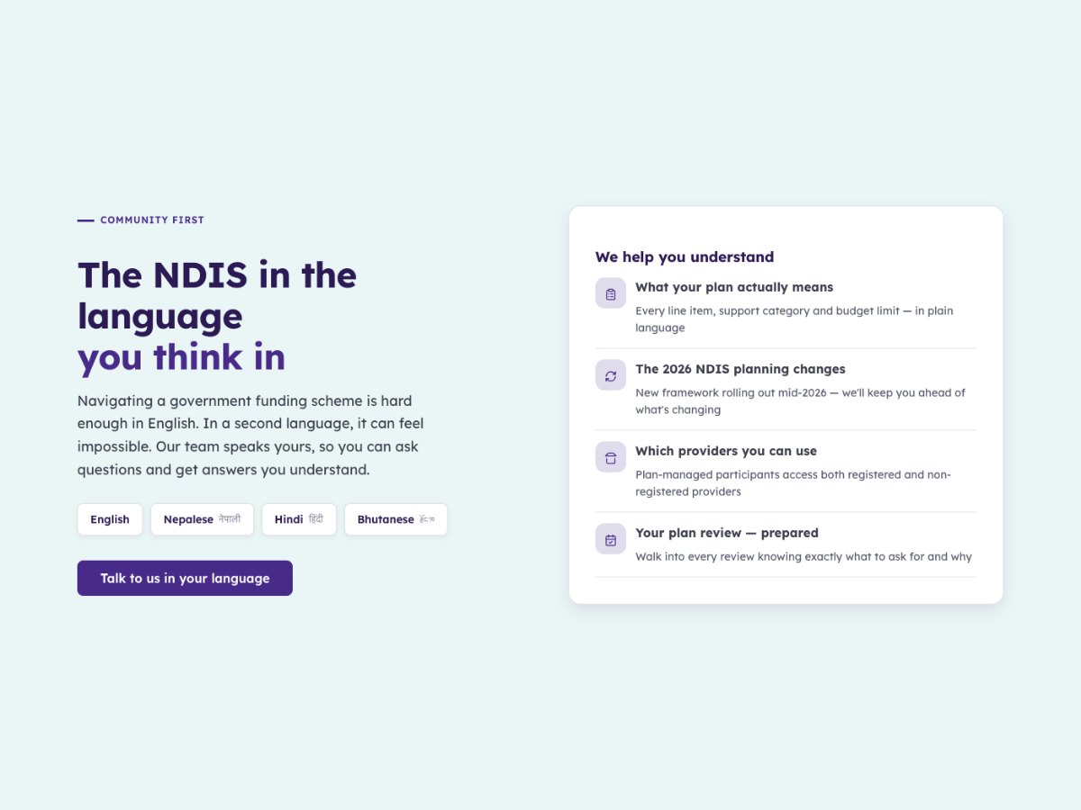 New site section headed The NDIS in the language you think in, with language options and a list of topics the team explains.
