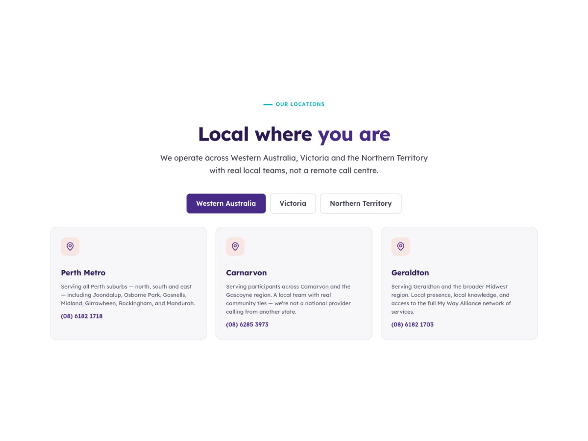 New site section headed Local where you are, with location cards for Perth Metro, Carnarvon and Geraldton.