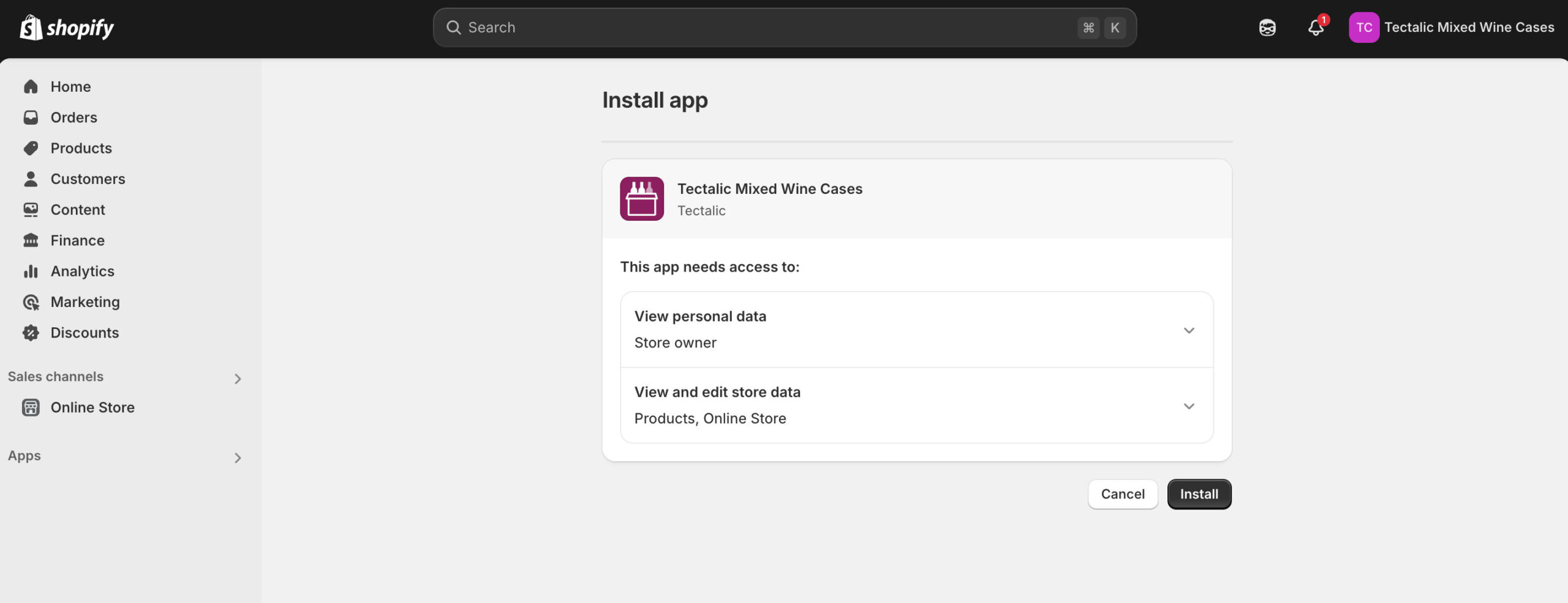 The app installation permissions screen