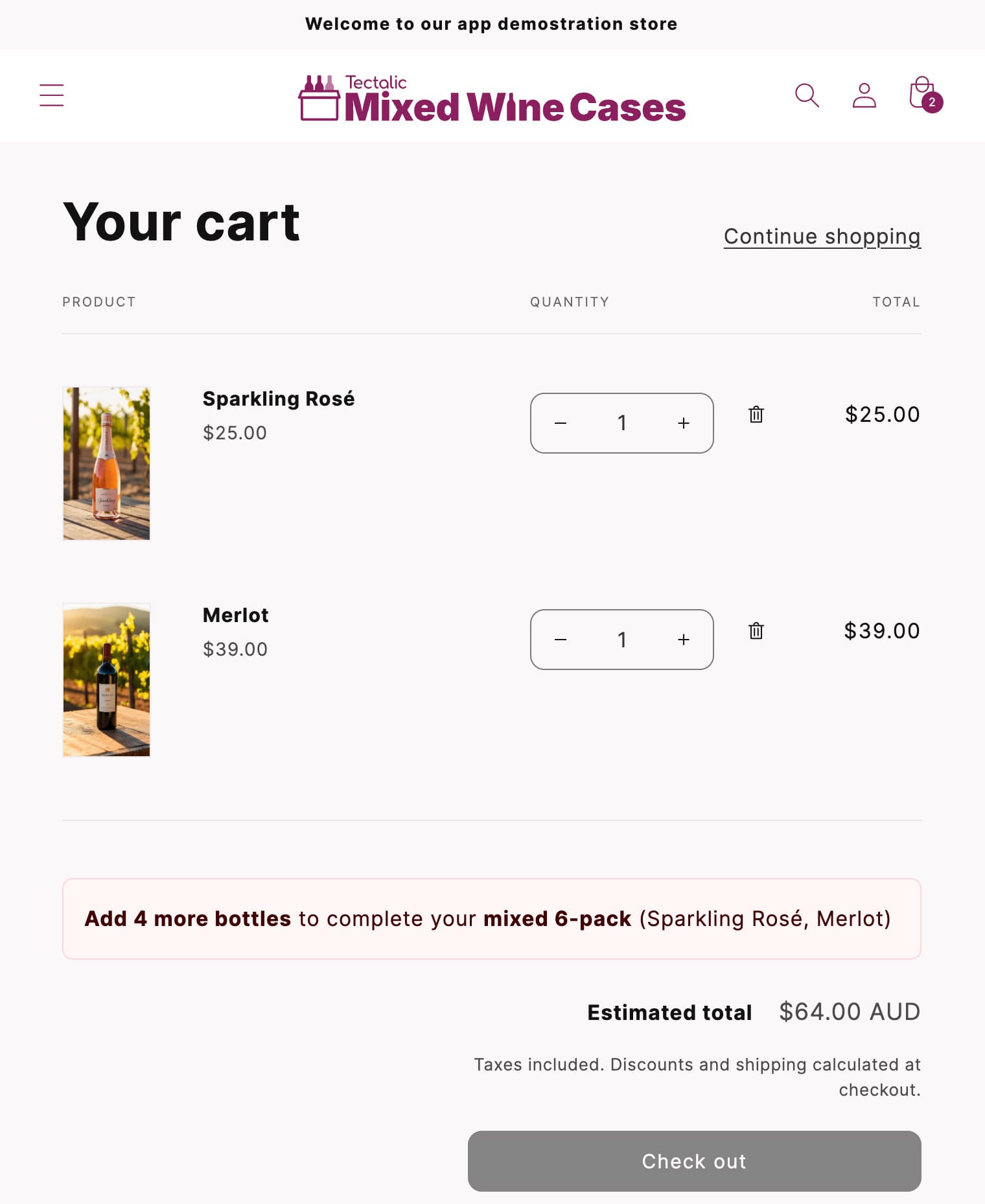 A customer's cart showing mixed cases messaging