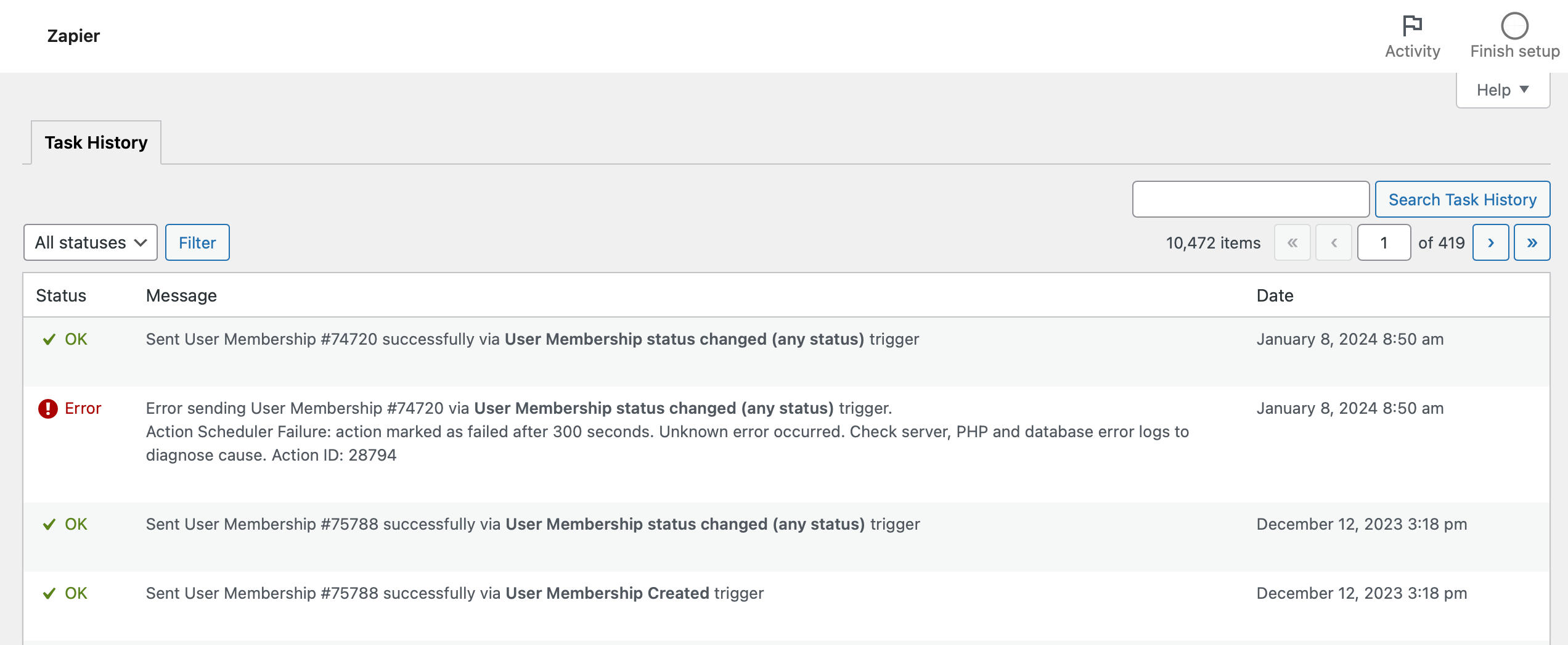 Web interface for the Zapier Task History with a mix of successful tasks marked with green checkmarks and an error marked with a red icon, indicating a failed user membership action.