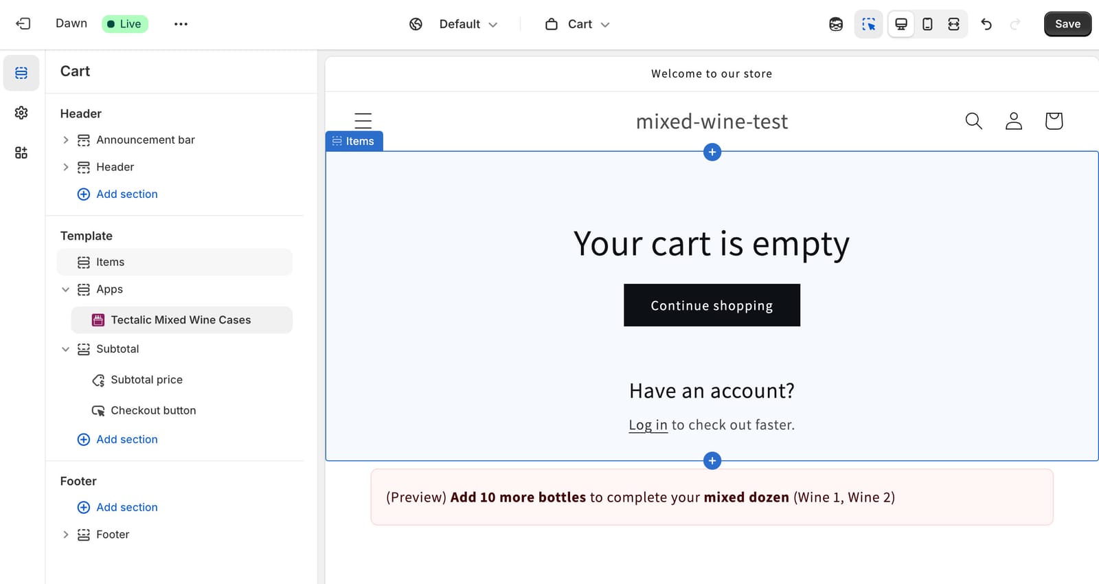 The theme editor with the Mixed Wine Cases block added to the cart template