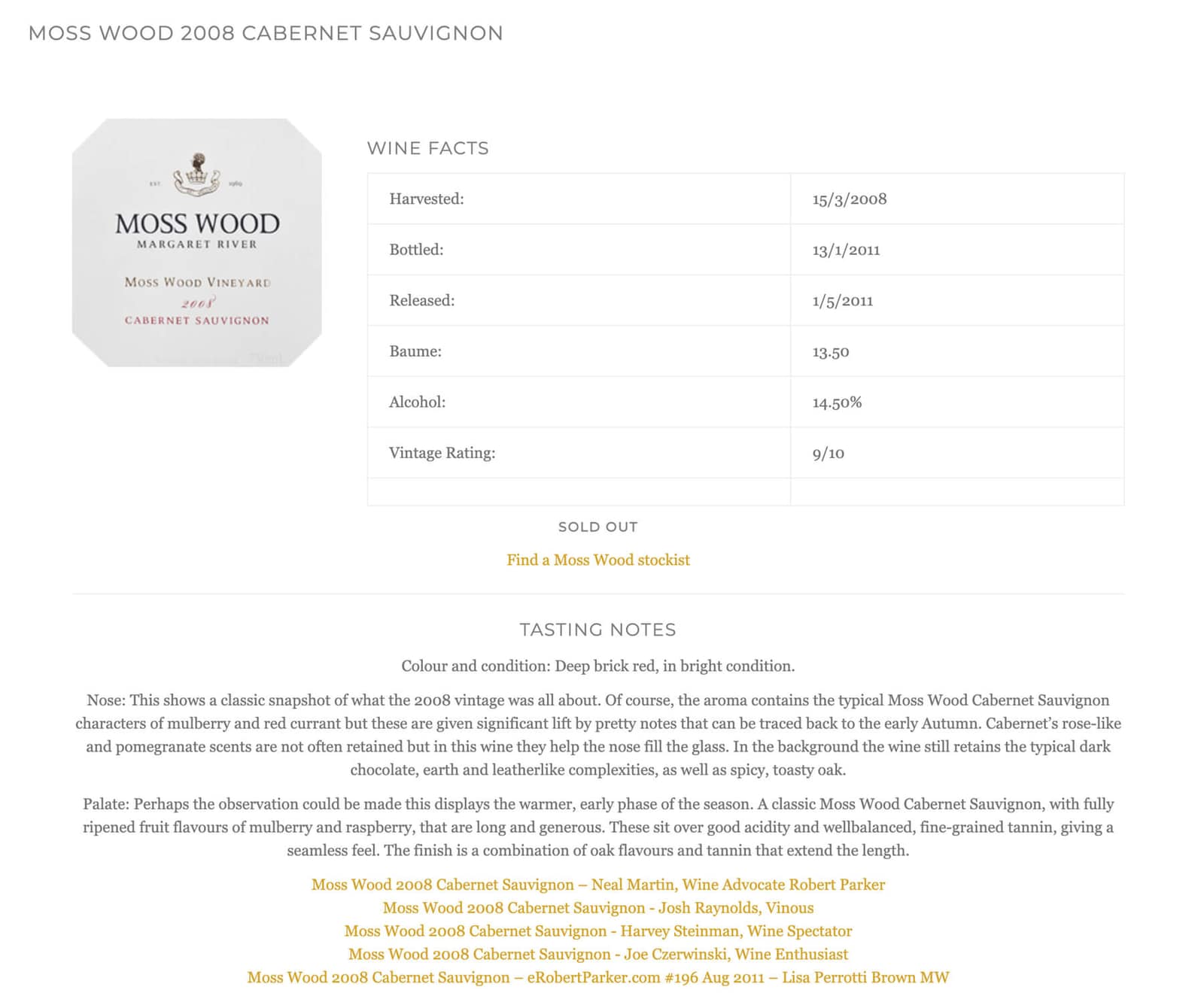 Moss Wood vintage tasting notes