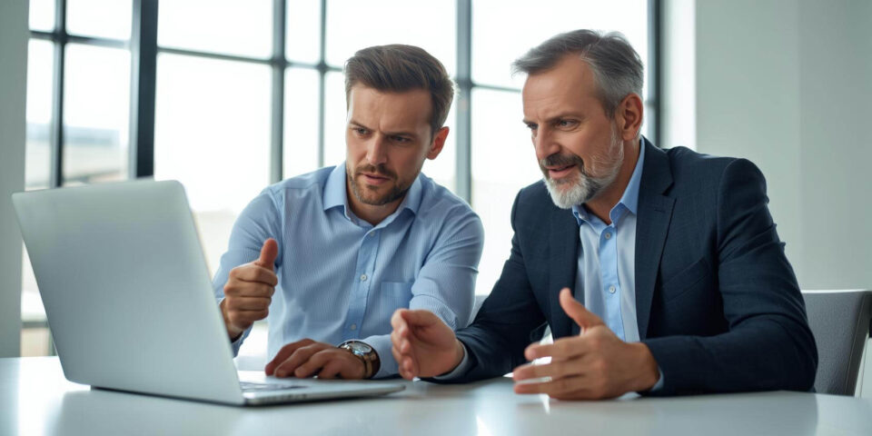 A strategist and client reviewing analytics on a laptop in a modern meeting space