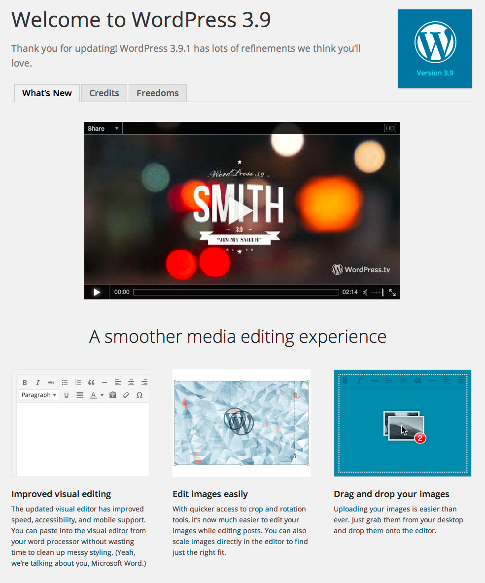 Screenshot of the WordPress 3.9 About Screen